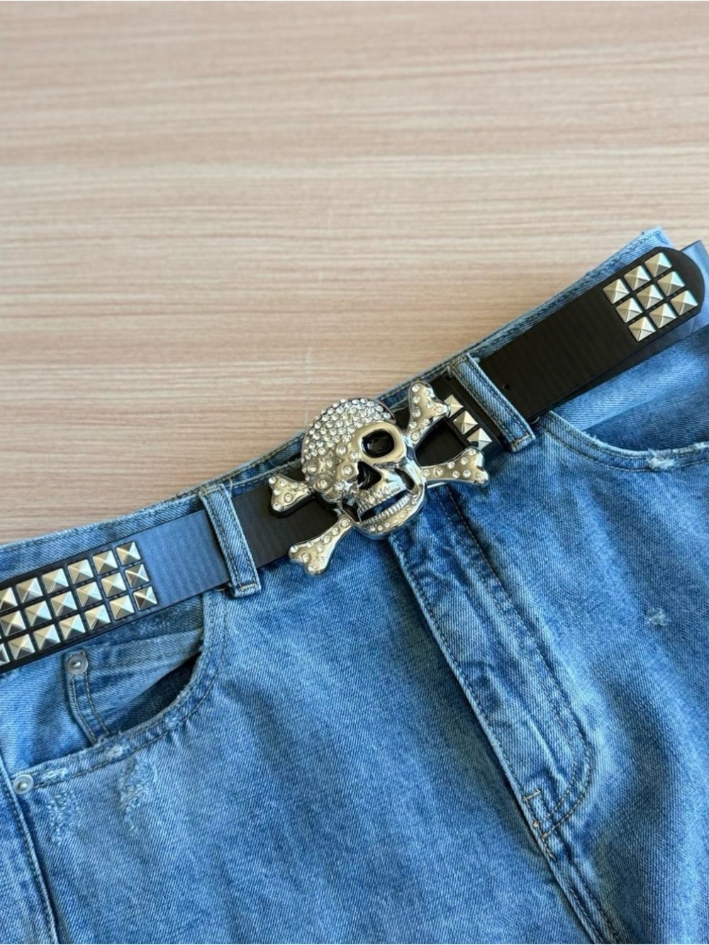 Skull & Crossbones Studded Belt - Black with Silver Hardware
